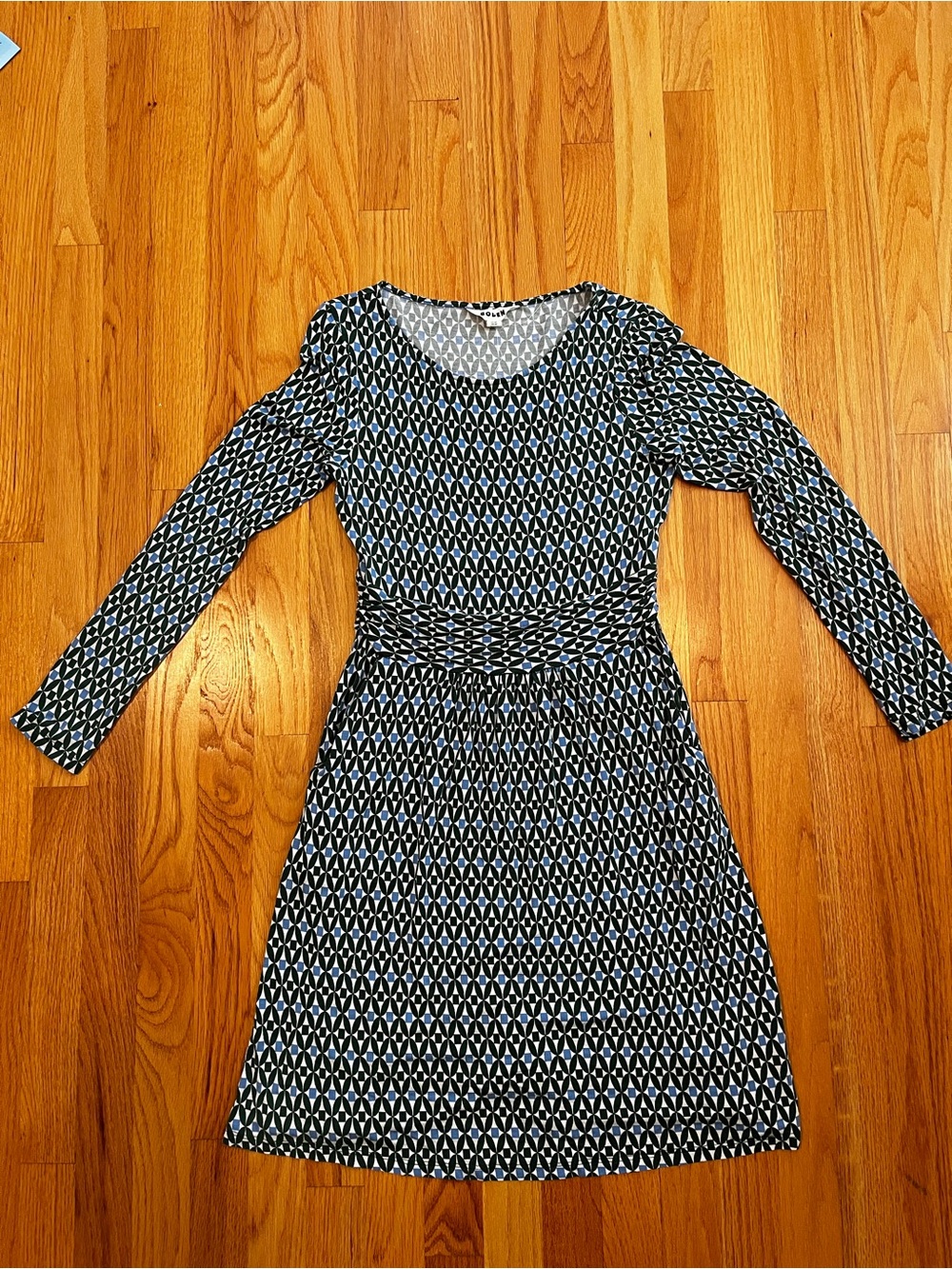 Boden Green, Blue, and White Geometric Long-Sleeve Dress - 4P